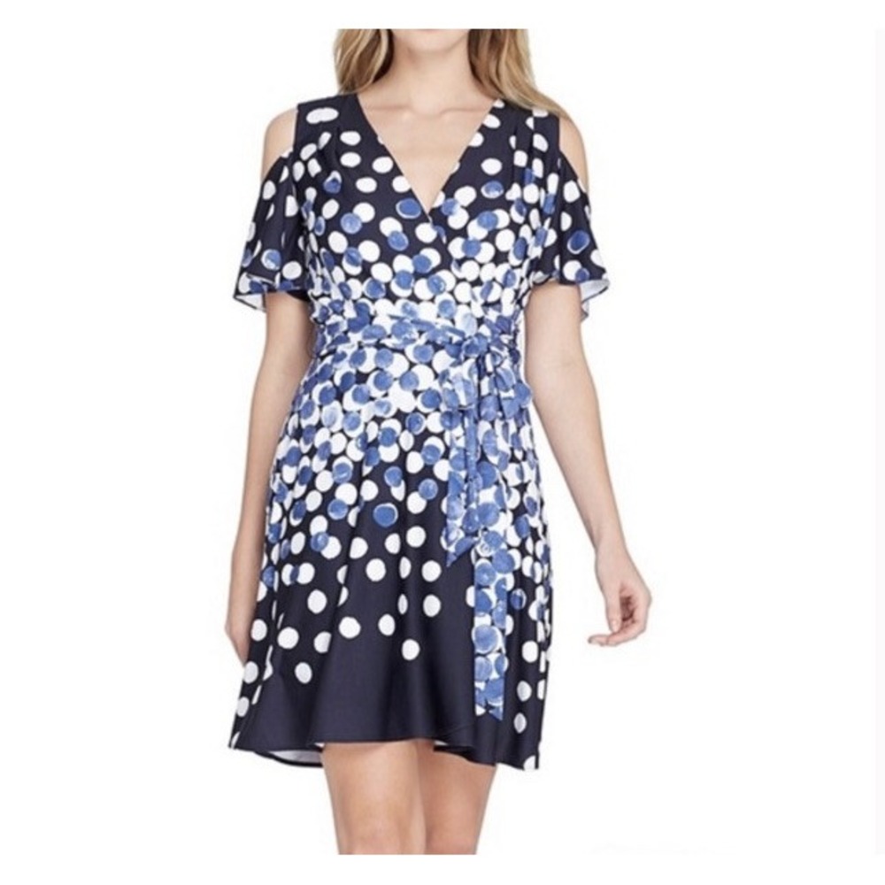 Tahari Cold Shoulder Polka Dot Dress Wrap Tie V‎ Neck Navy Blue size 6P